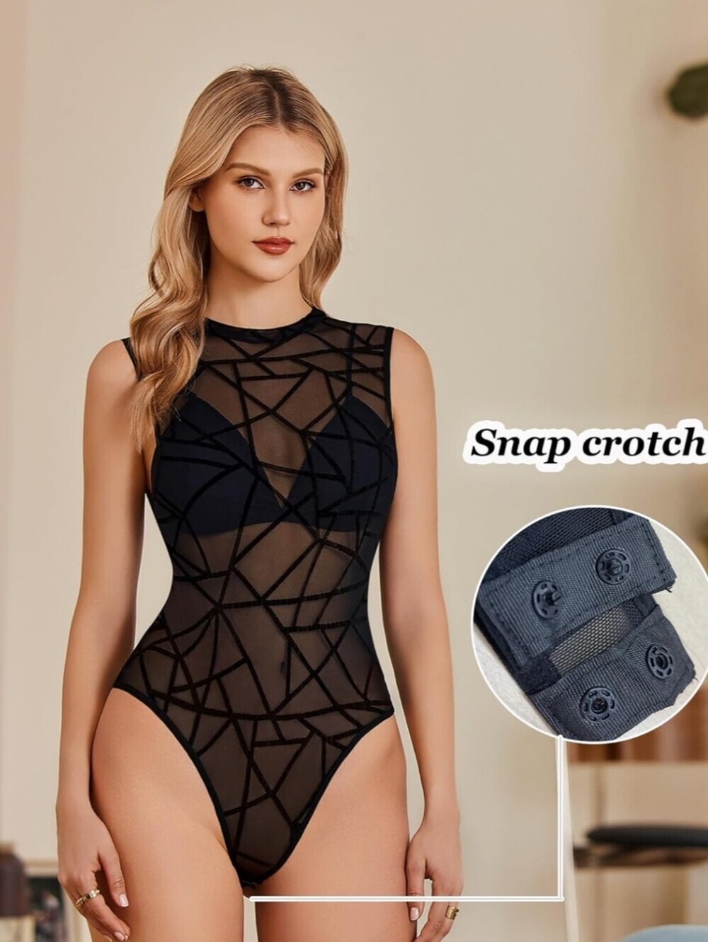 Black Sheer Geometric Bodysuit XL